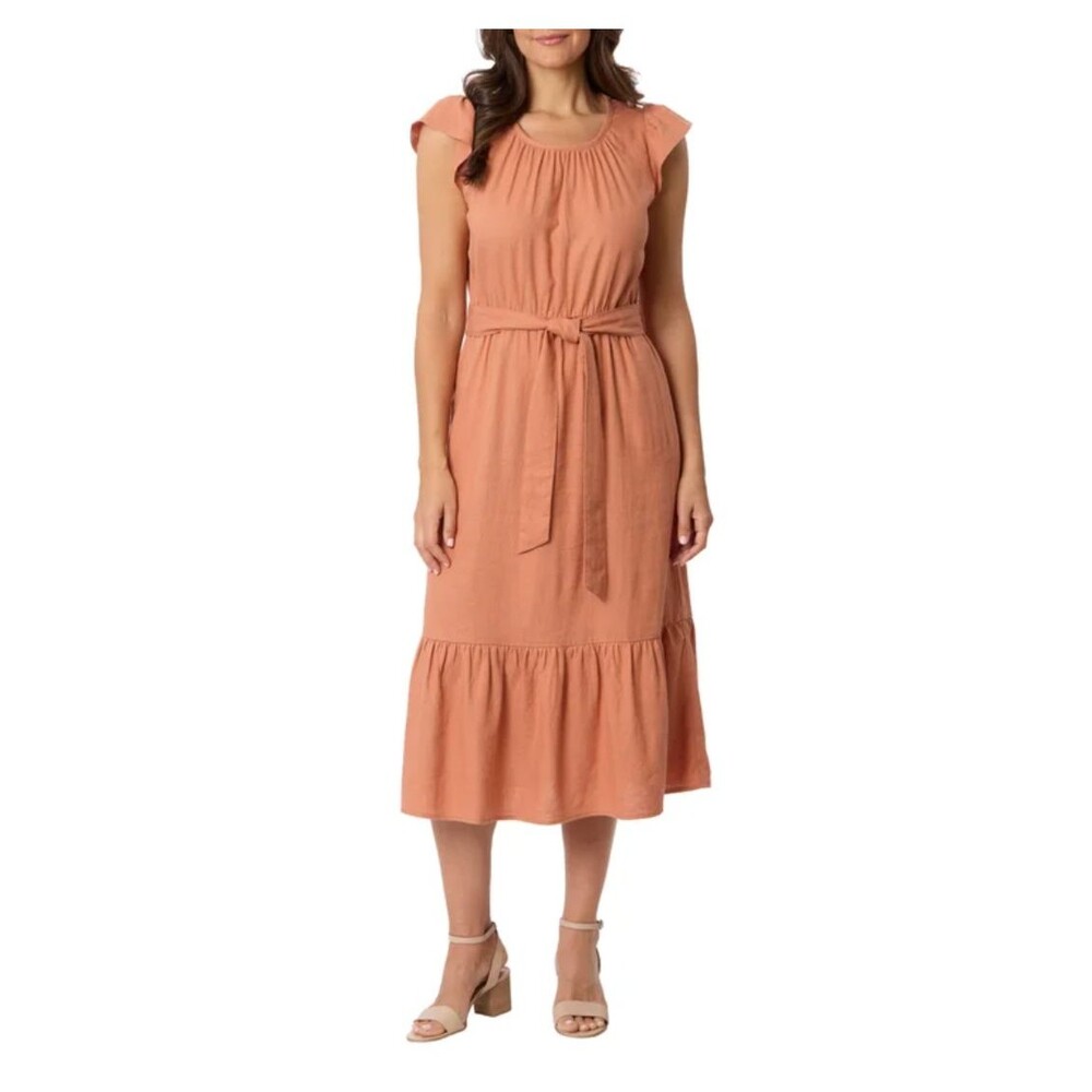 Briggs Red Rust M Tiered Linen Blend Dress